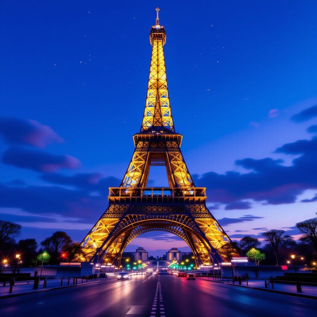 Eiffel Tower at Dusk: Illuminated Parisian Landmark