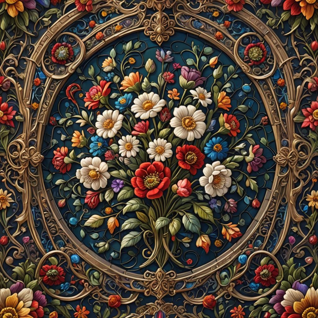 Intricate Stained Glass Filigree Flowers in Detailed Art