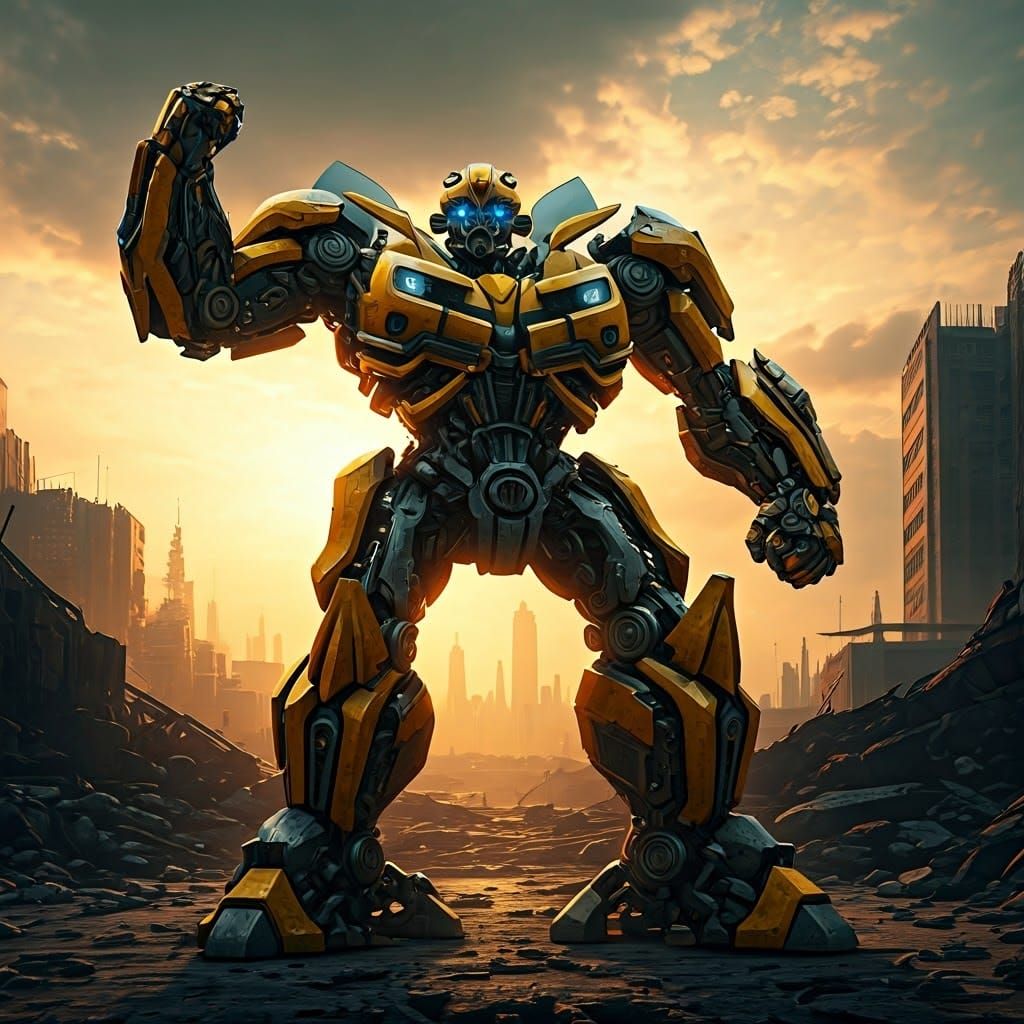 Surreal Cyberpunk Transformer Bumblebee Triumphs Amidst Futu...