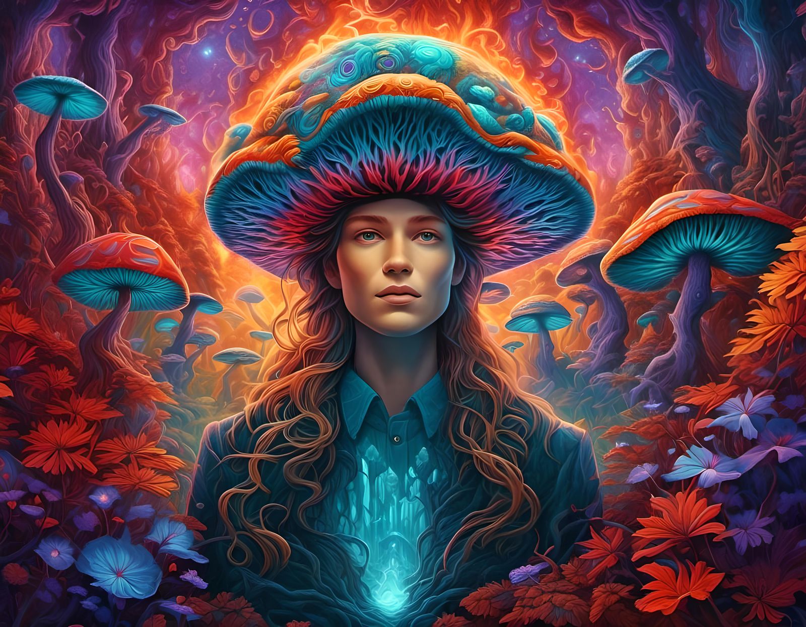 Psilocybin Forest Portrait in Vivid Mixed Media