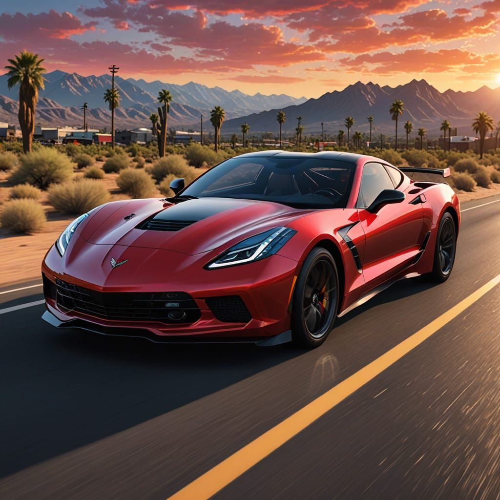 Supermodel's Corvette Road Trip in Digital Art Style