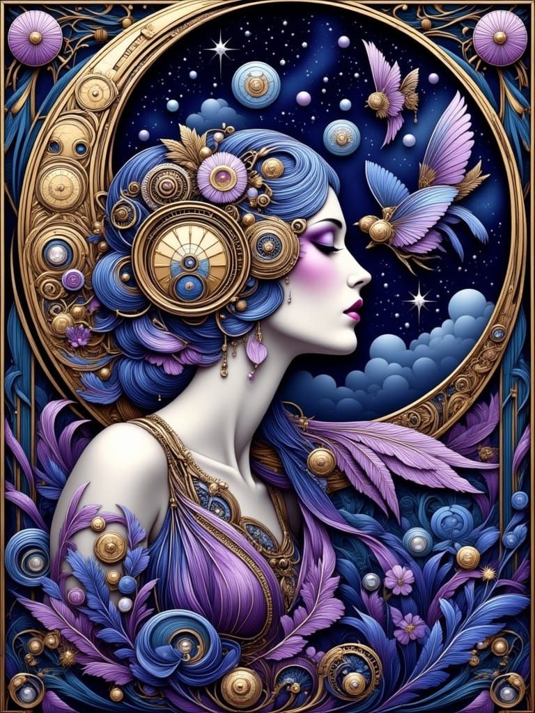 Steampunk Dream: Woman Asleep in Clockwork Moon