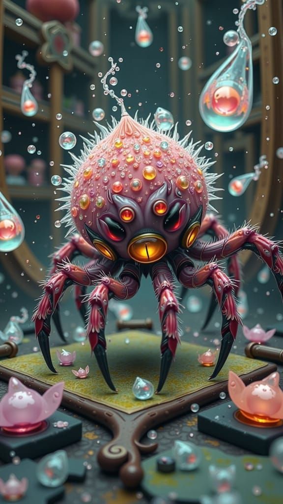 Whimsical Fae Spider-Octopi Play in Enchanted Laboratory