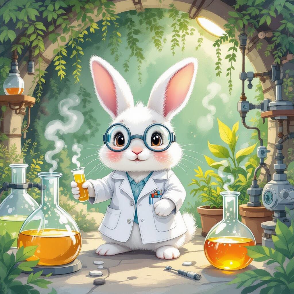 Rabbit Scientist in Underground Lab, Watercolor Illustration