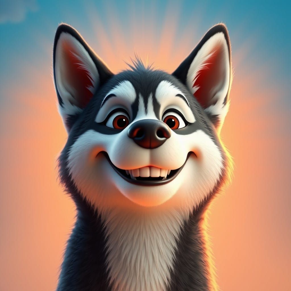 Friendly Husky with Vibrant Sunset Background in Pixar Style