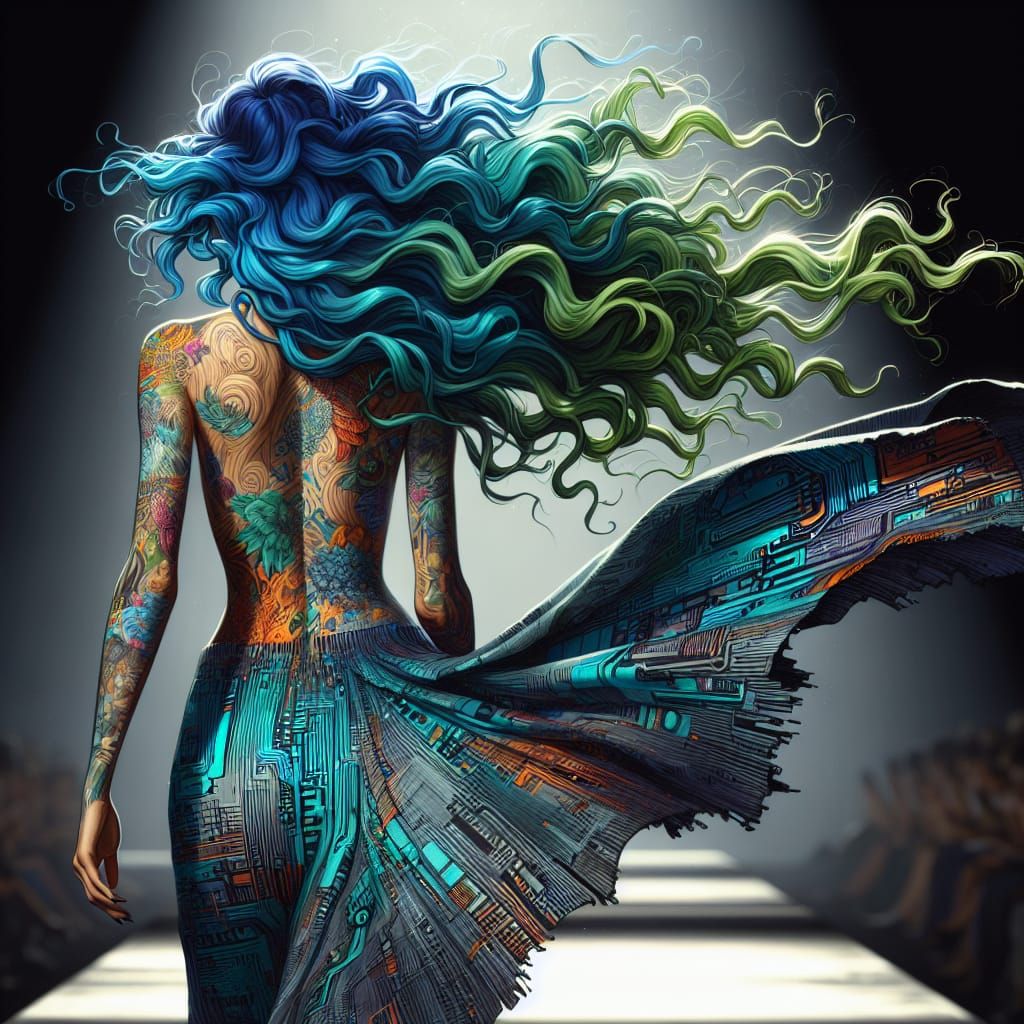 Ethereal Hispanic Goddess in Circuit Board-Inspired Runway A...