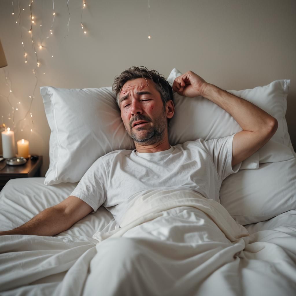 Man Cries in Bed with Fever: Photography