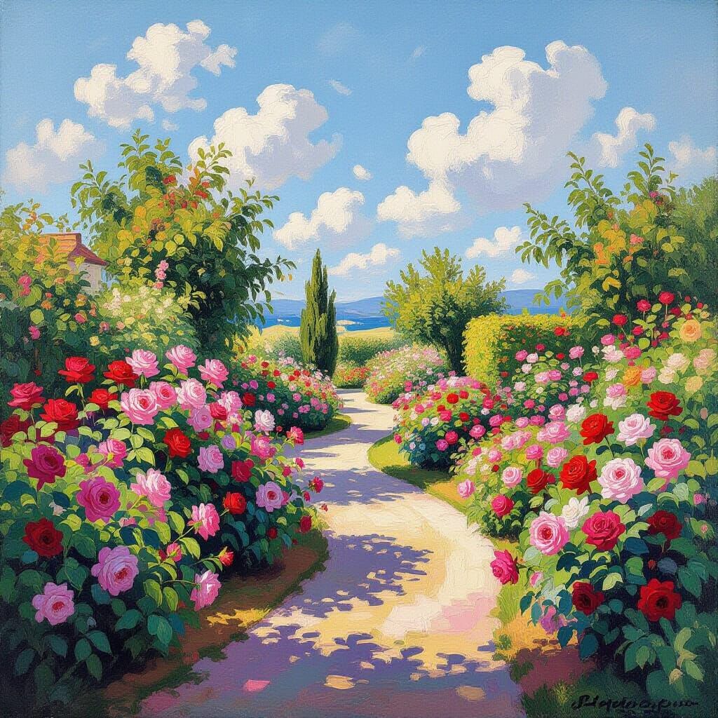 Vibrant Pink Rose Garden Under Sunny Skies