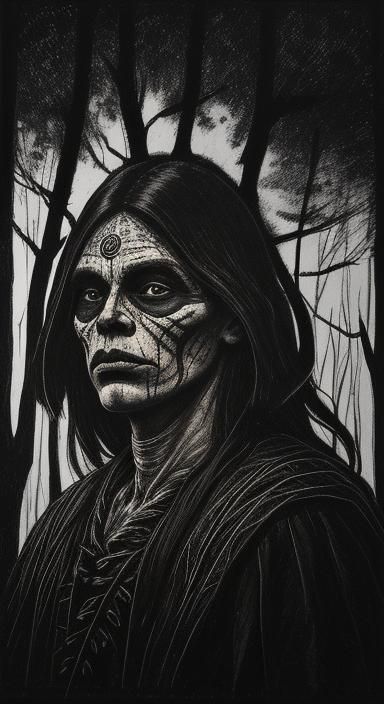 Shaman Confronts Spirit in Mystical Forest, Chiaroscuro