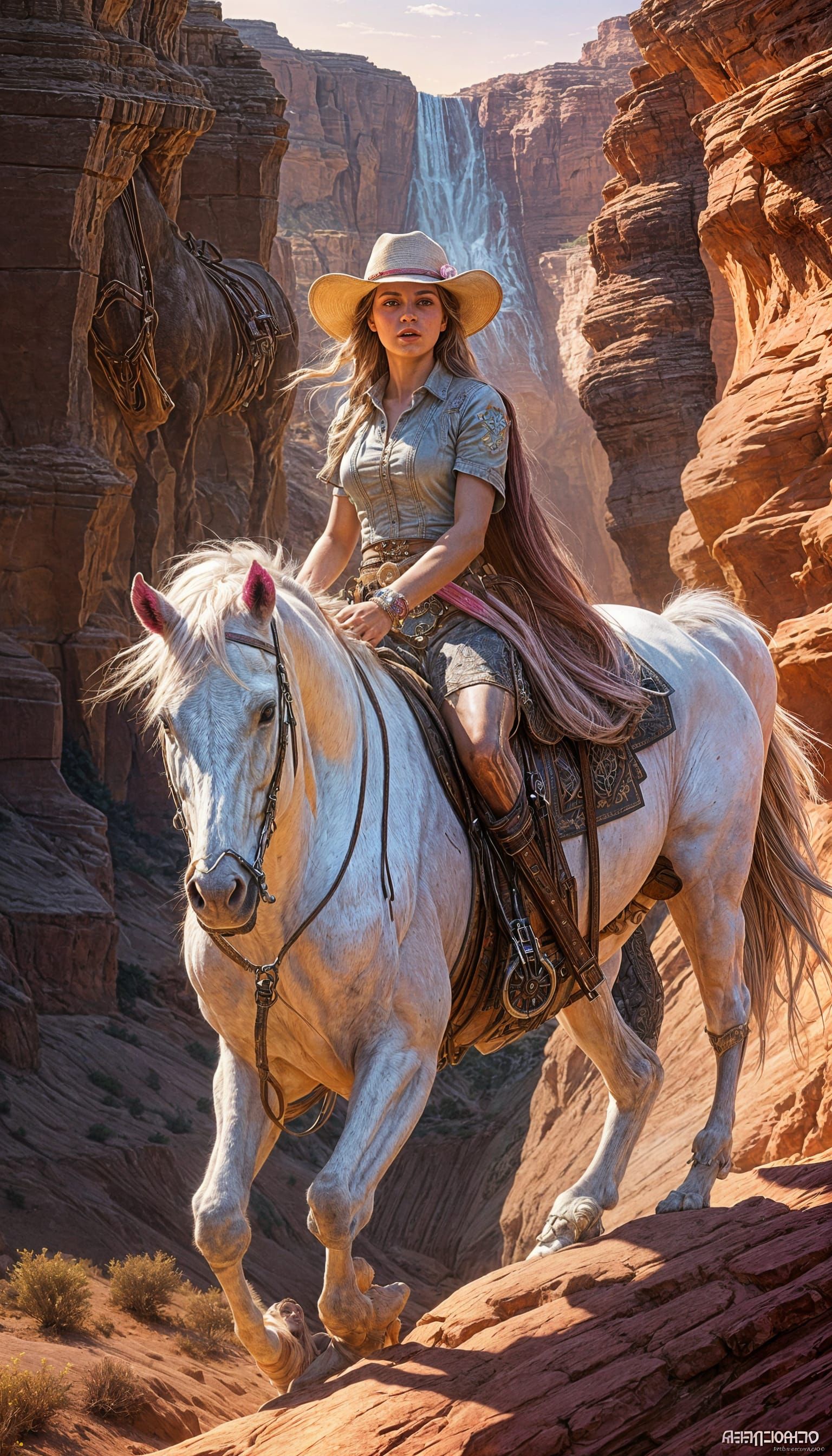 Retro Cowgirl on Horseback at Sunset