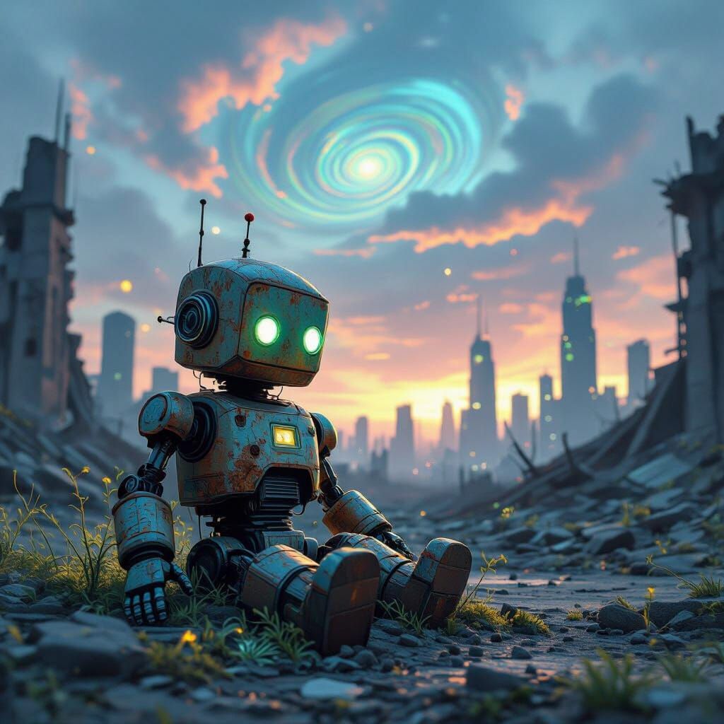 Abandoned Robot in Psychedelic Future City Ruins