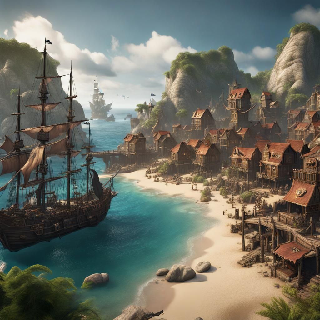 Epic Pirate Town on Cove: Fantasy Concept Art