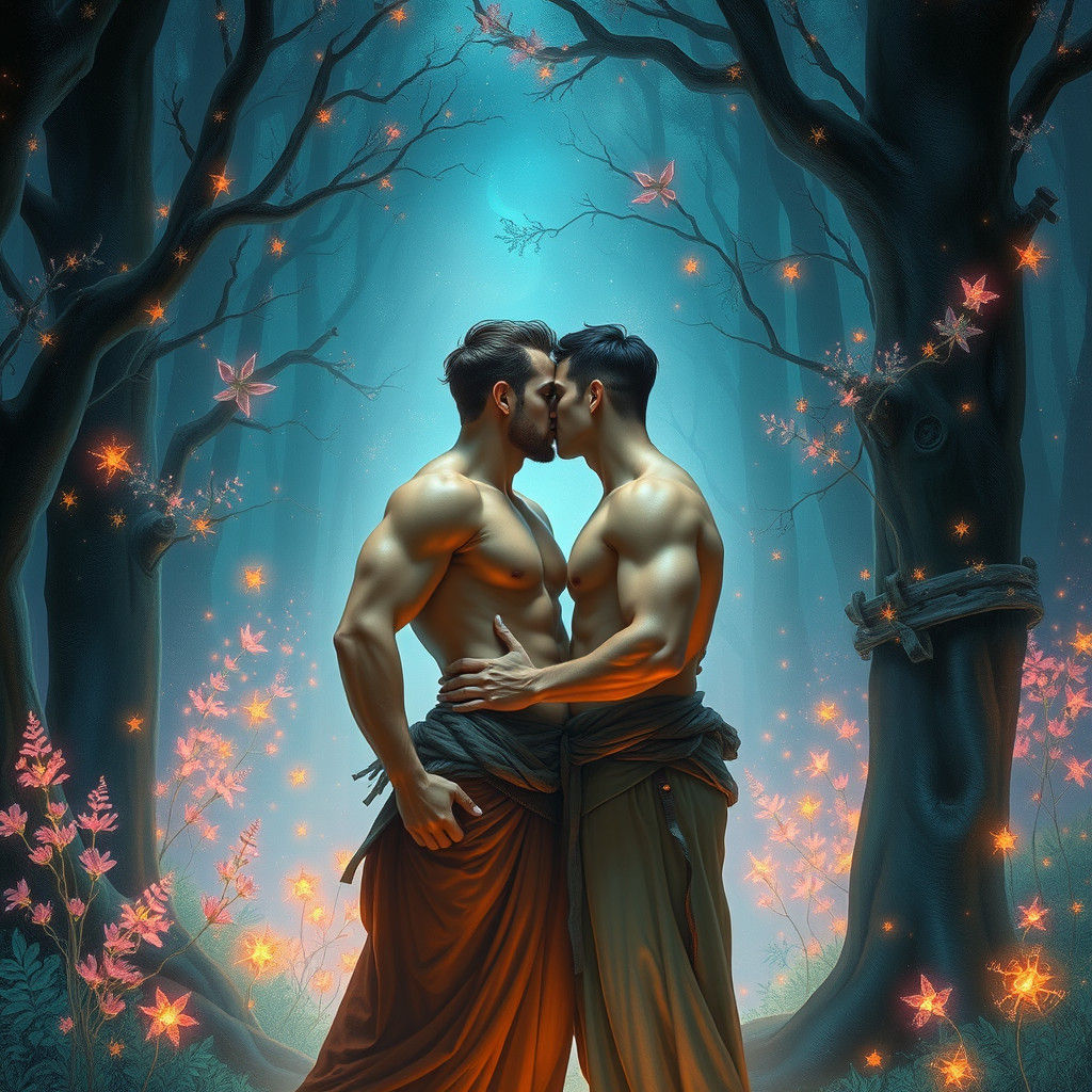 Passionate Kiss in Bioluminescent Forest: Klimt-Inspired Art