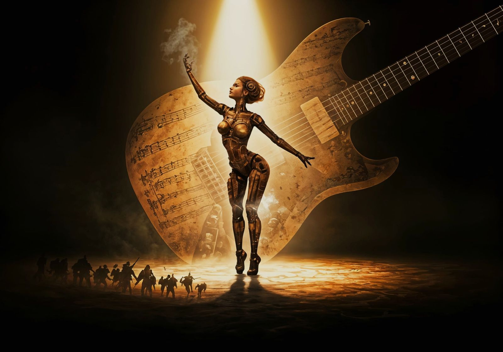 Steampunk Mechatron Dance: Double Exposure Watercolor Art