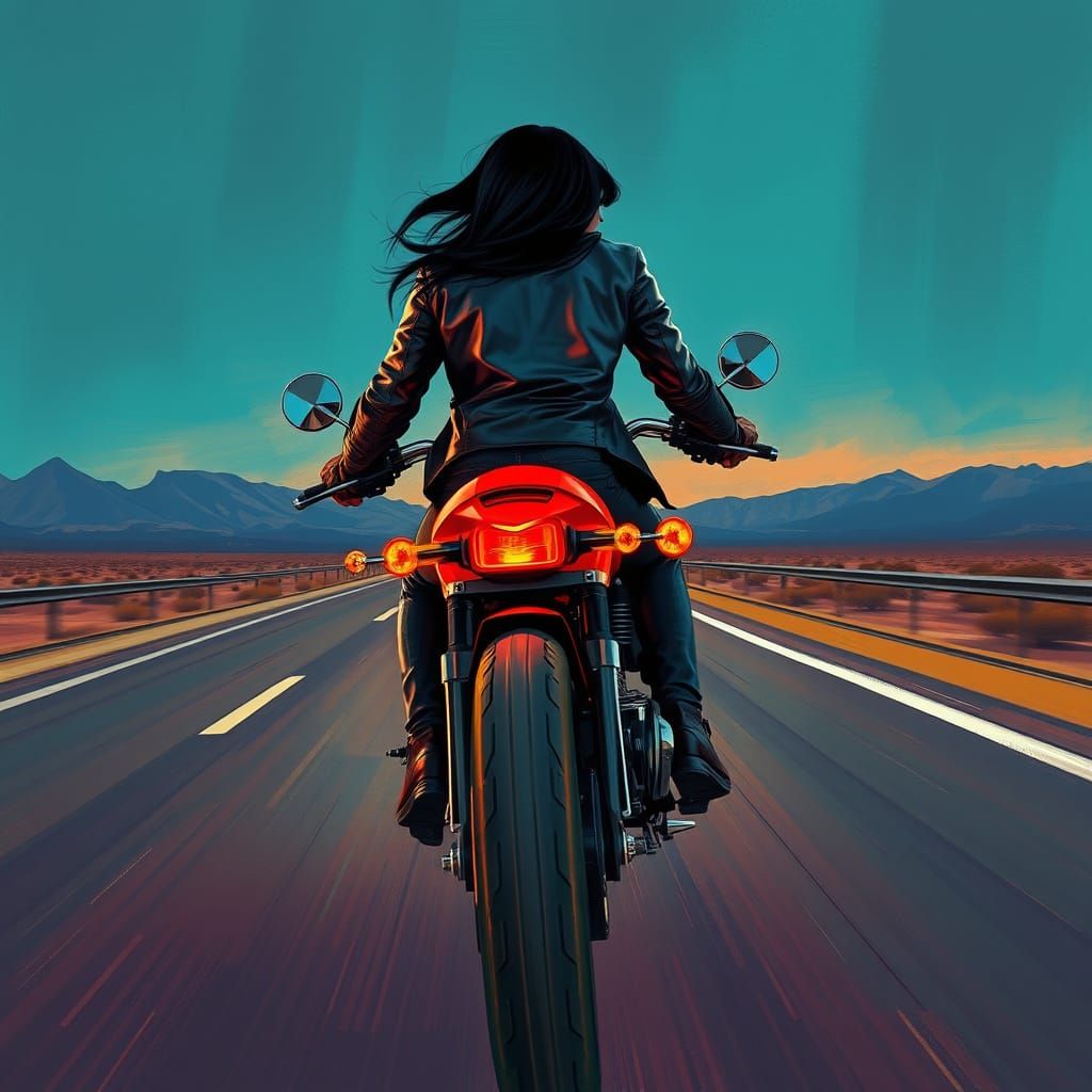 Futuristic Biker Chick on Deserted Highway
