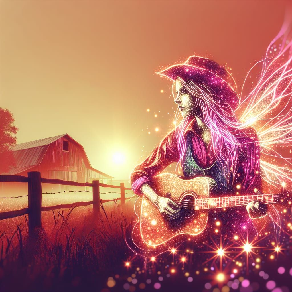 Fairy Cowgirl Plays Guitar in Luminous Farmyard