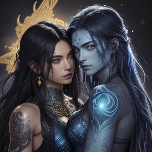 Teen Couple with Glowing Celestial Tattoos in Ancient Ruins