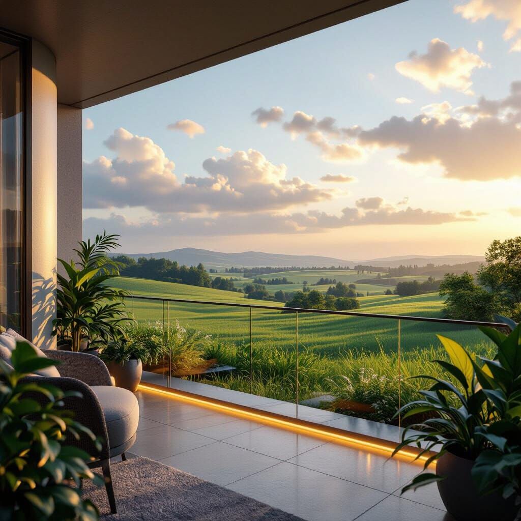 Frutiger Aero Balcony View Over Lush Green Field
