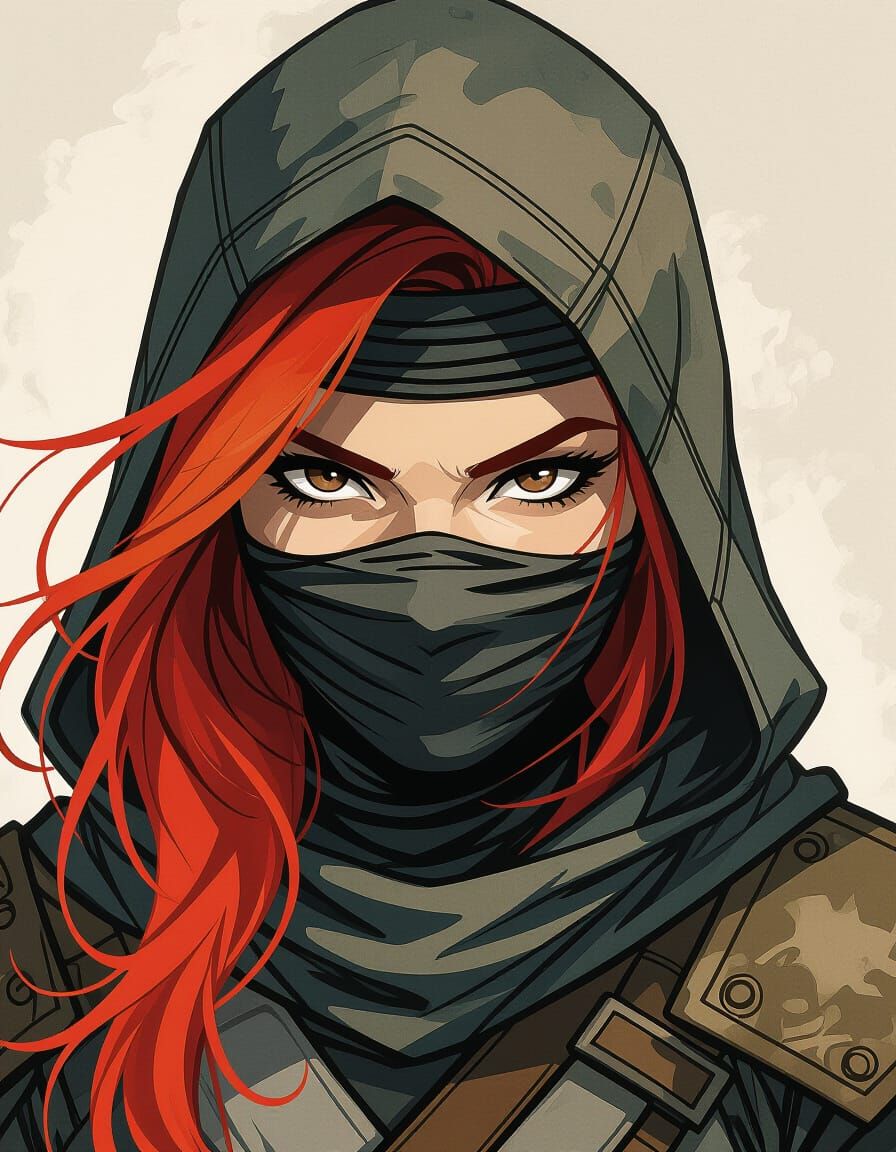 Red-Haired Ninja Portrait in Graphic Novel Style