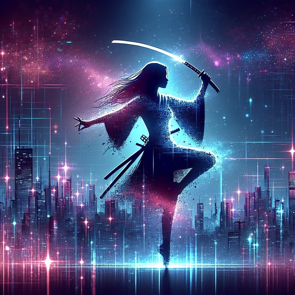 Hypermaximalist Goddess Dances with Katana in Neon City