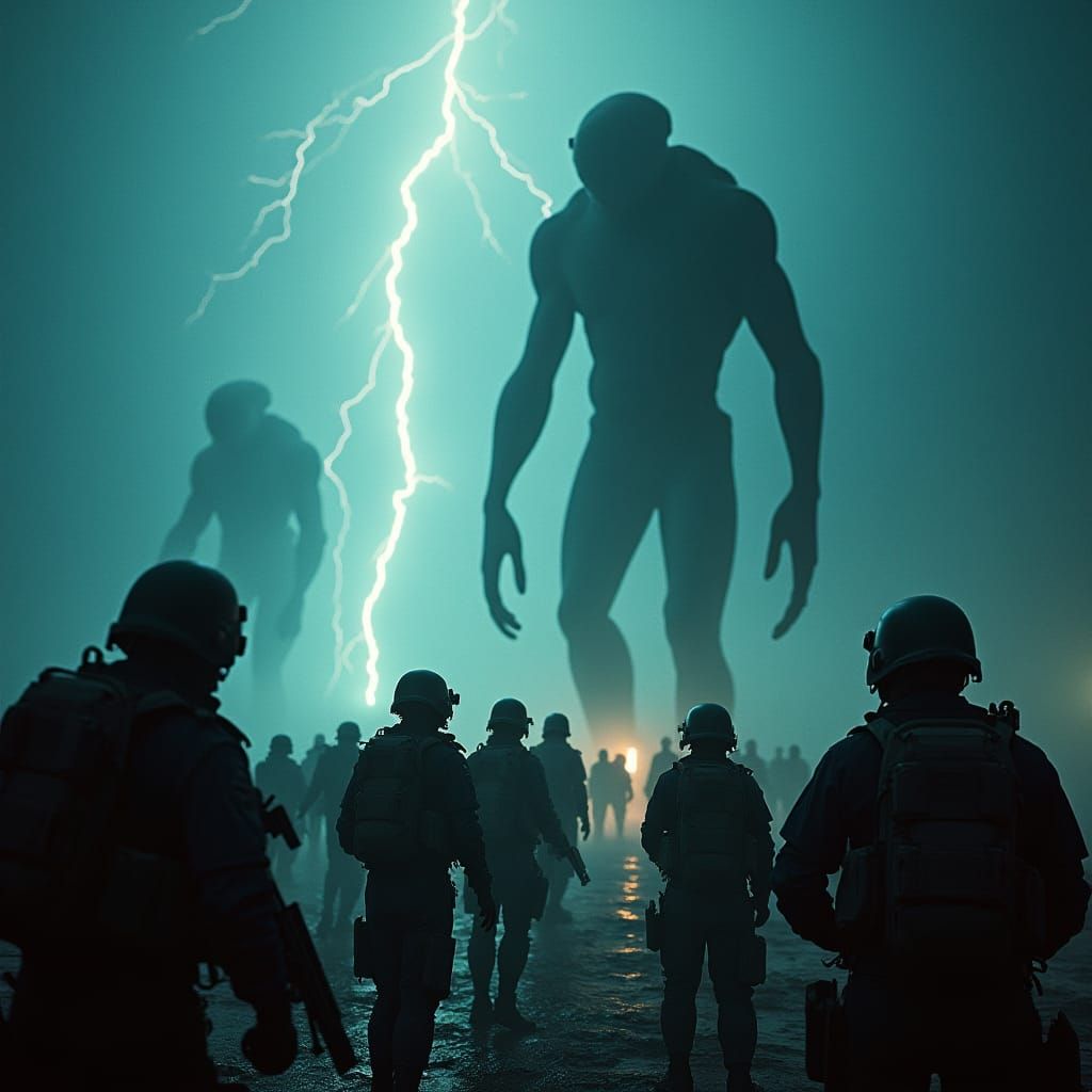 Humans vs Aliens in Torrential Storm: Cinematic Film Still