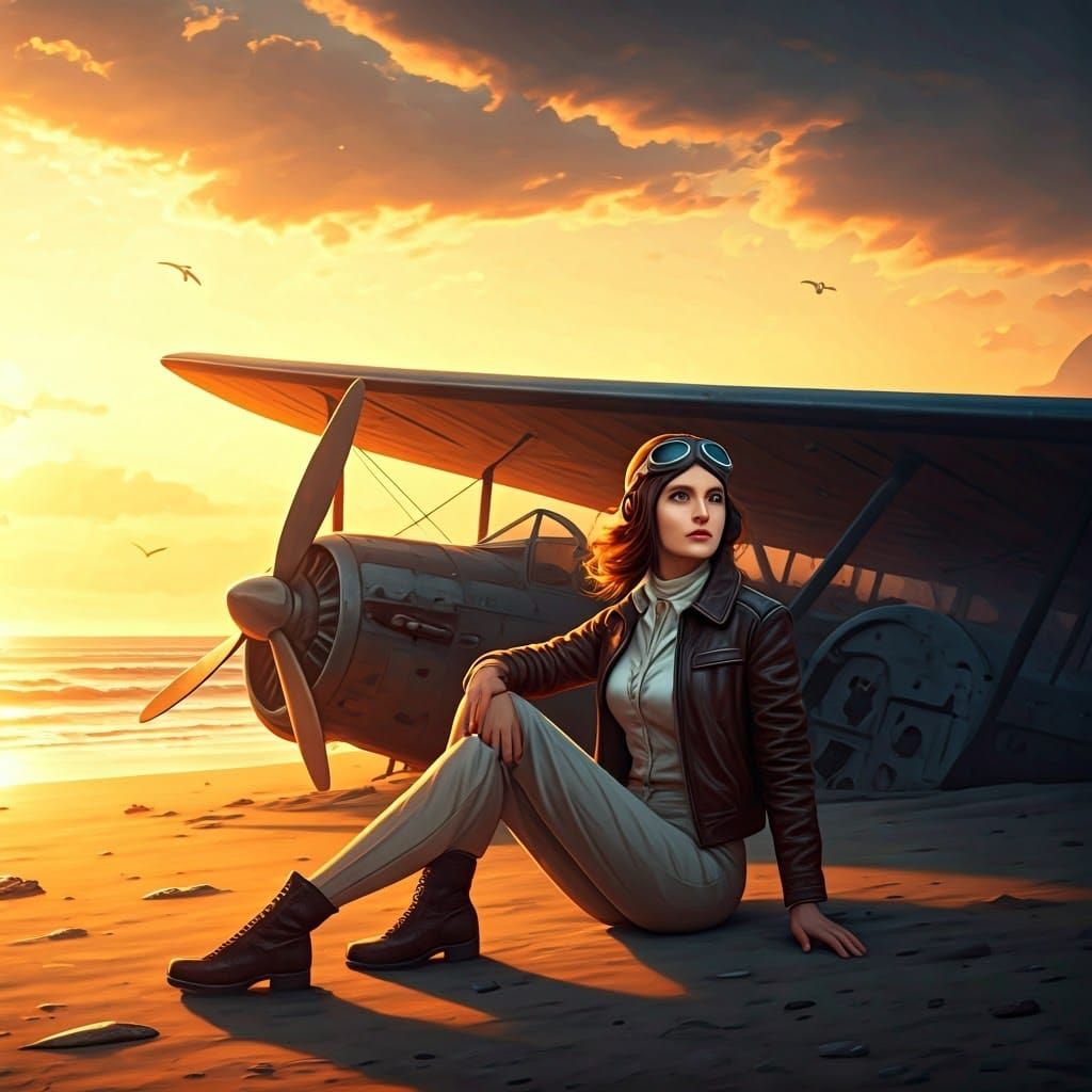 Courageous Pilot on Sun-Kissed Beach in Art Nouveau Style