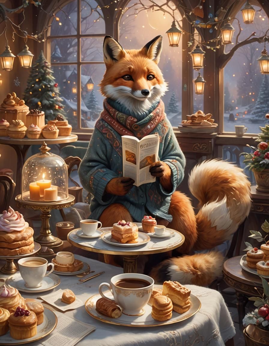 A whimsical illustration of a fox enjoying a cup of coffee a...
