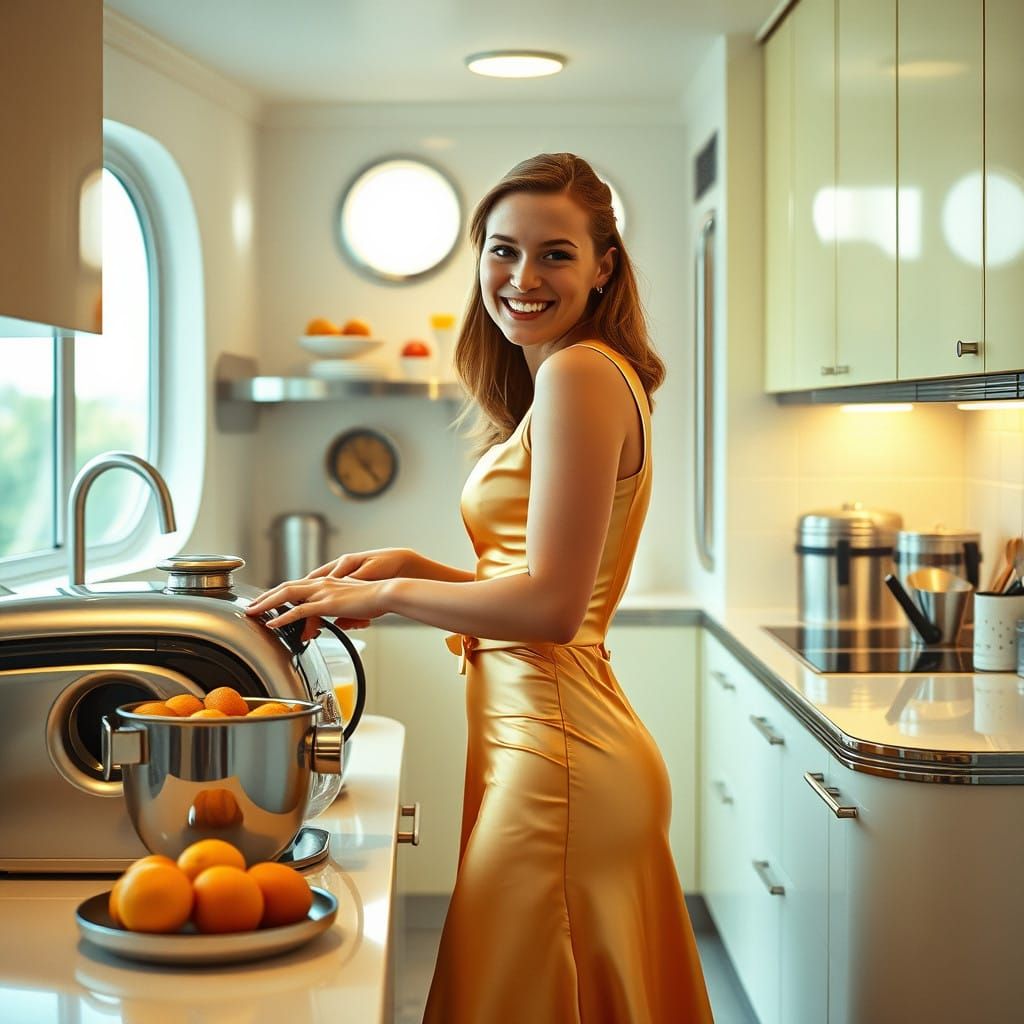 Retrofuturistic Tradwife Enjoys Breakfast in a 1960s-Inspire...