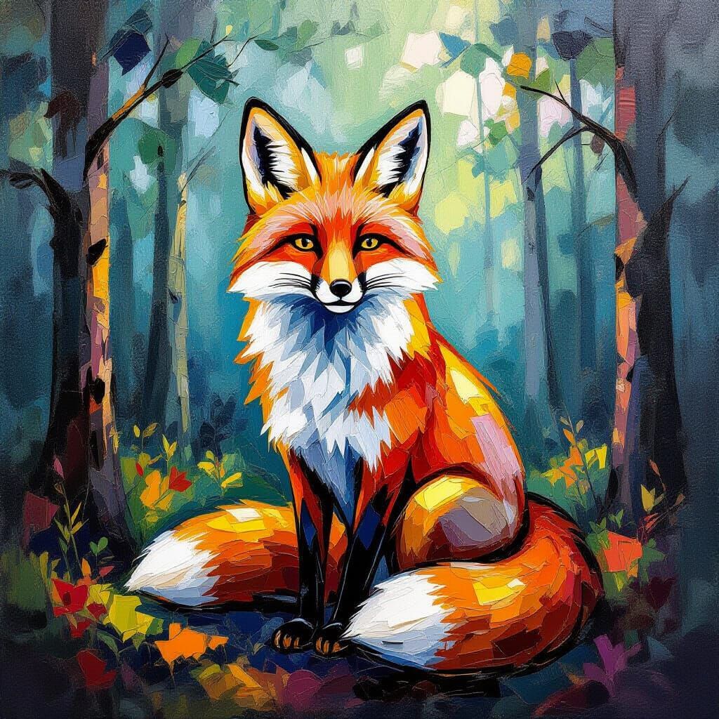 Fox in Forest Oil Painting Neo-Impressionist Style