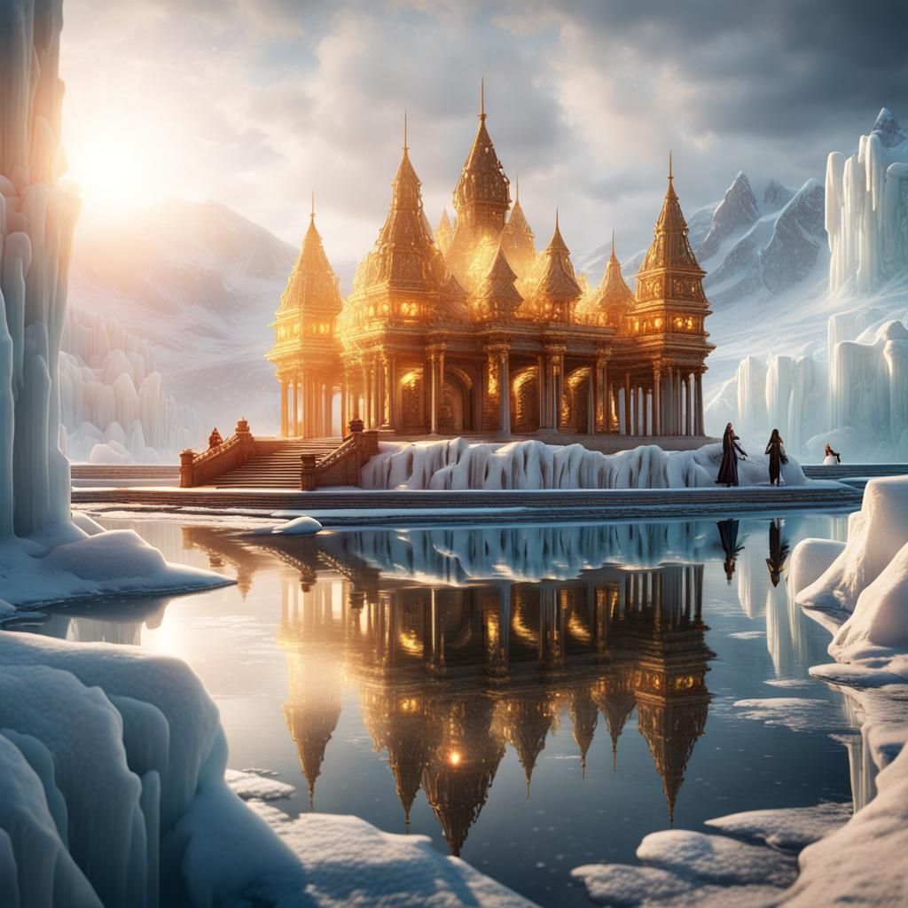 Arctic Ice Temple with Sun Rays, Fantasy Art