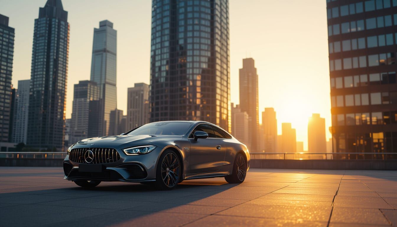 Luxury Car Parked Near City Skyscraper in Golden Hour