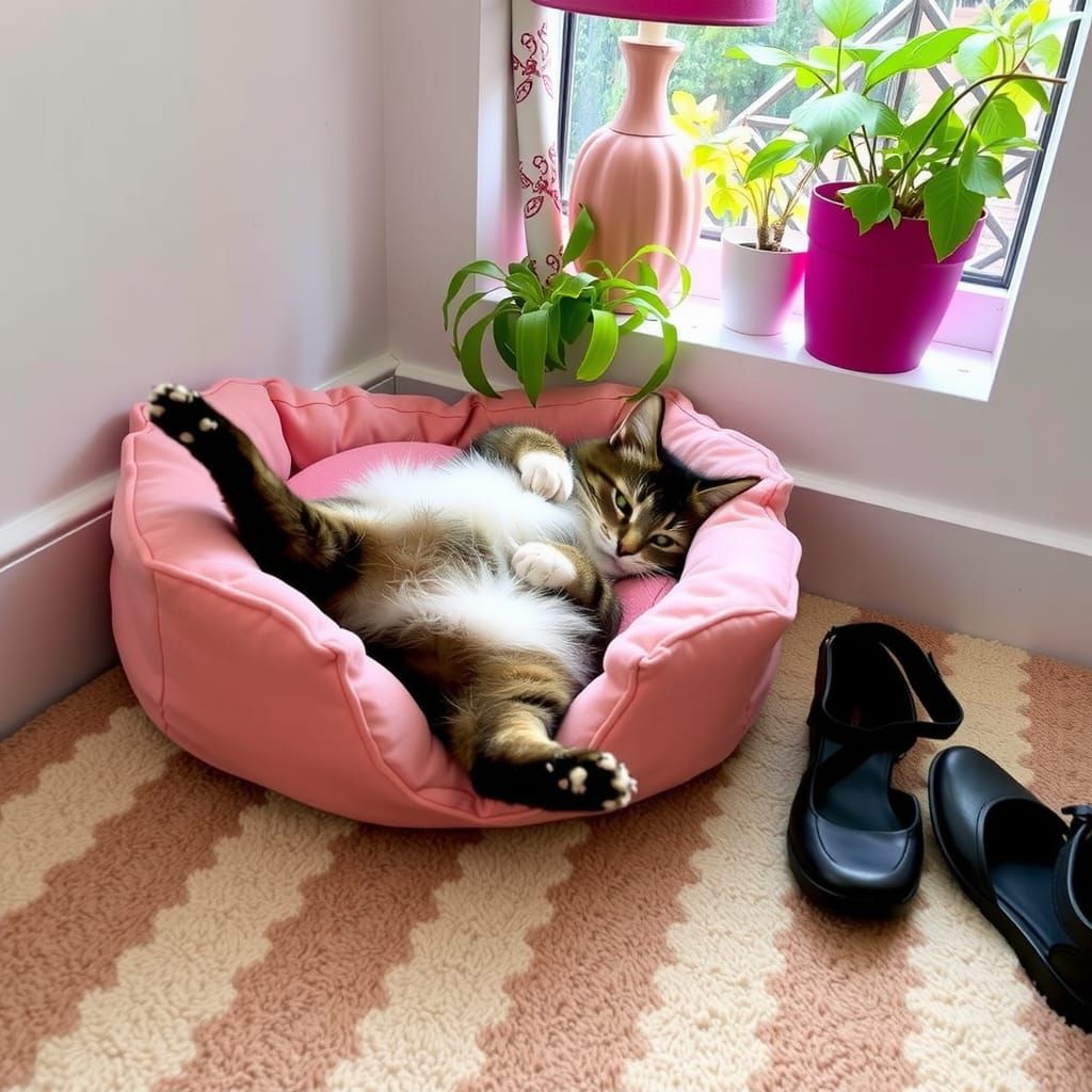 Cozy Cat Lounging Indoors on Pink Bed