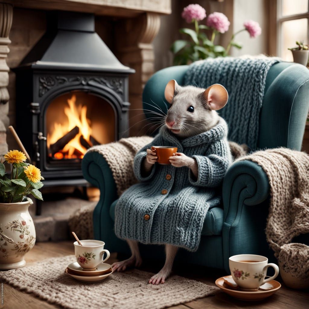 Warm Cozy Winter Scene of Elderly Mouse Enjoying Tea