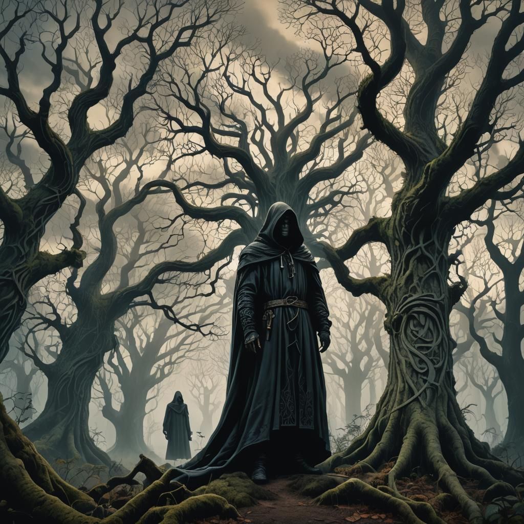Mystical Hooded Figure in Gothic Art Nouveau Forest
