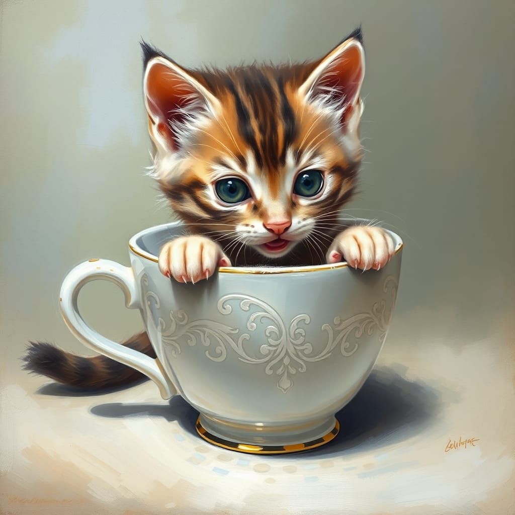 Kitten's Teacup Escape: Oil Painting