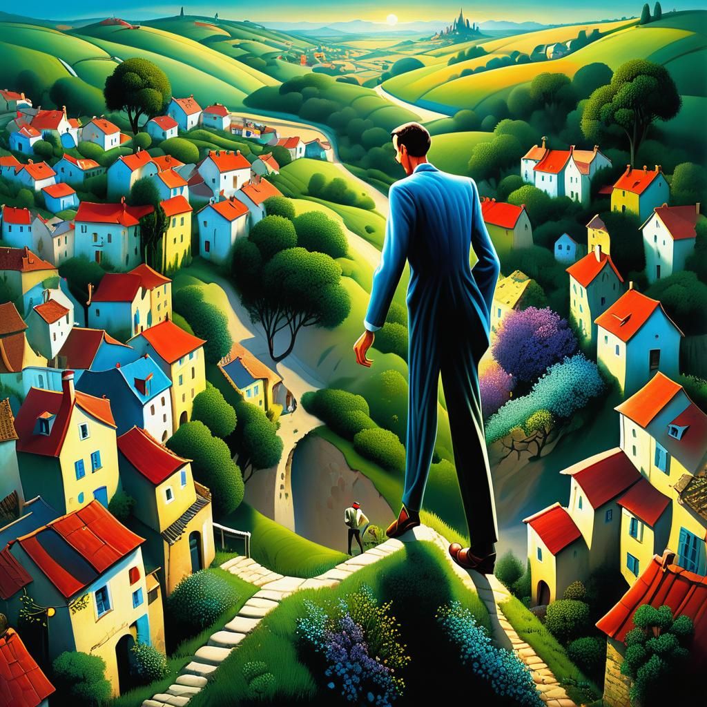 Whimsical Giant Steps Over Tiny Village