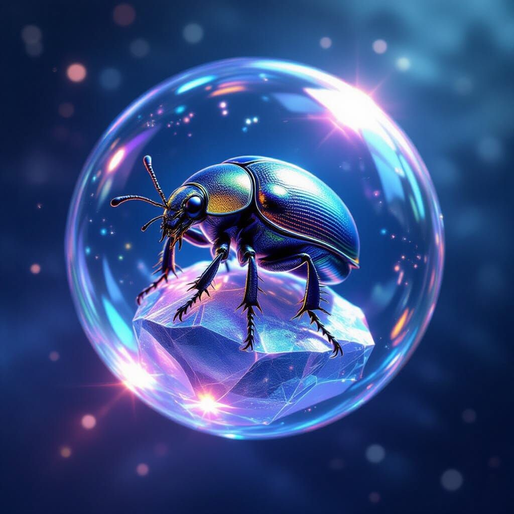 Iridescent Beetle on Crystal Bubble in Cosmic Nebula