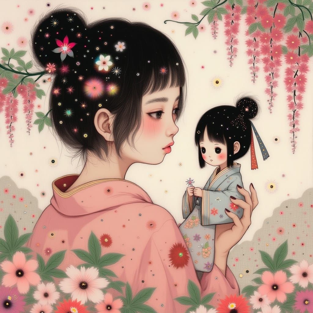 Serenely Adorned Woman with Kanji-Adorned Kokeshi Doll