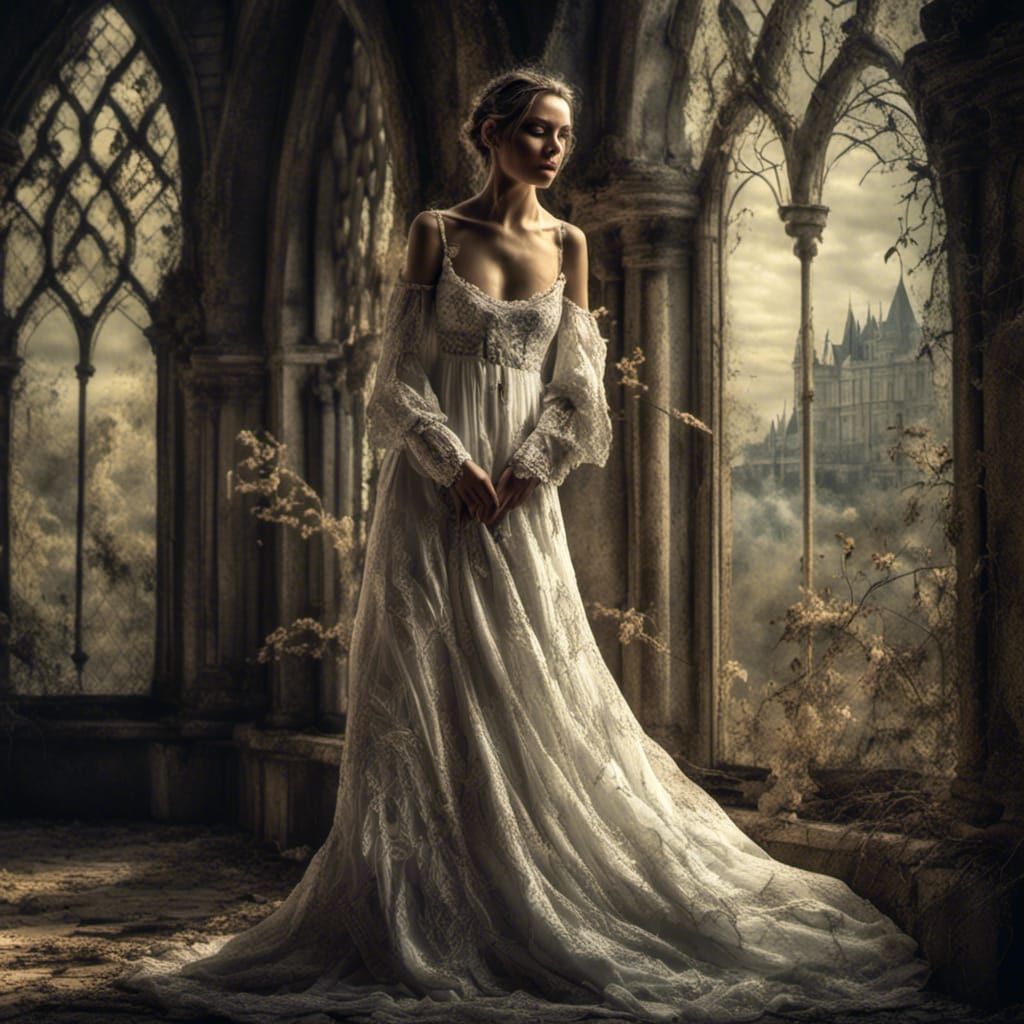 Trapped Beauty in Gothic Castle: Dark Fantasy Art