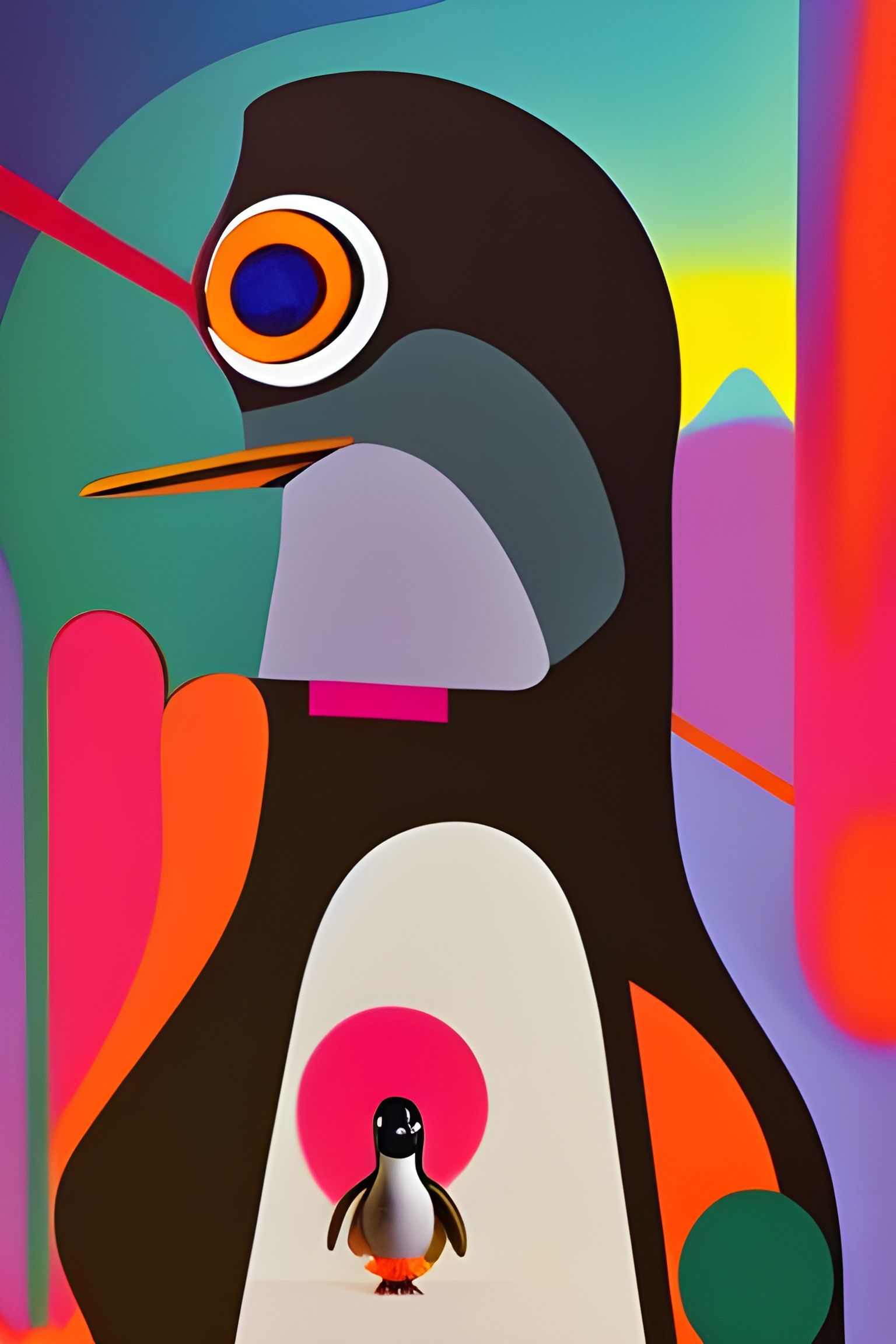 Penguin in Retrofuturistic Costume, Cubism and Baroque Style...