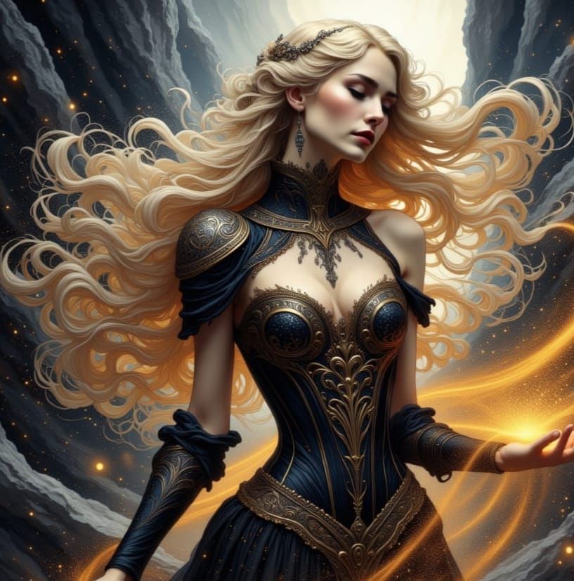 Norse Goddess with Rune Tattoos in Stormy Weather