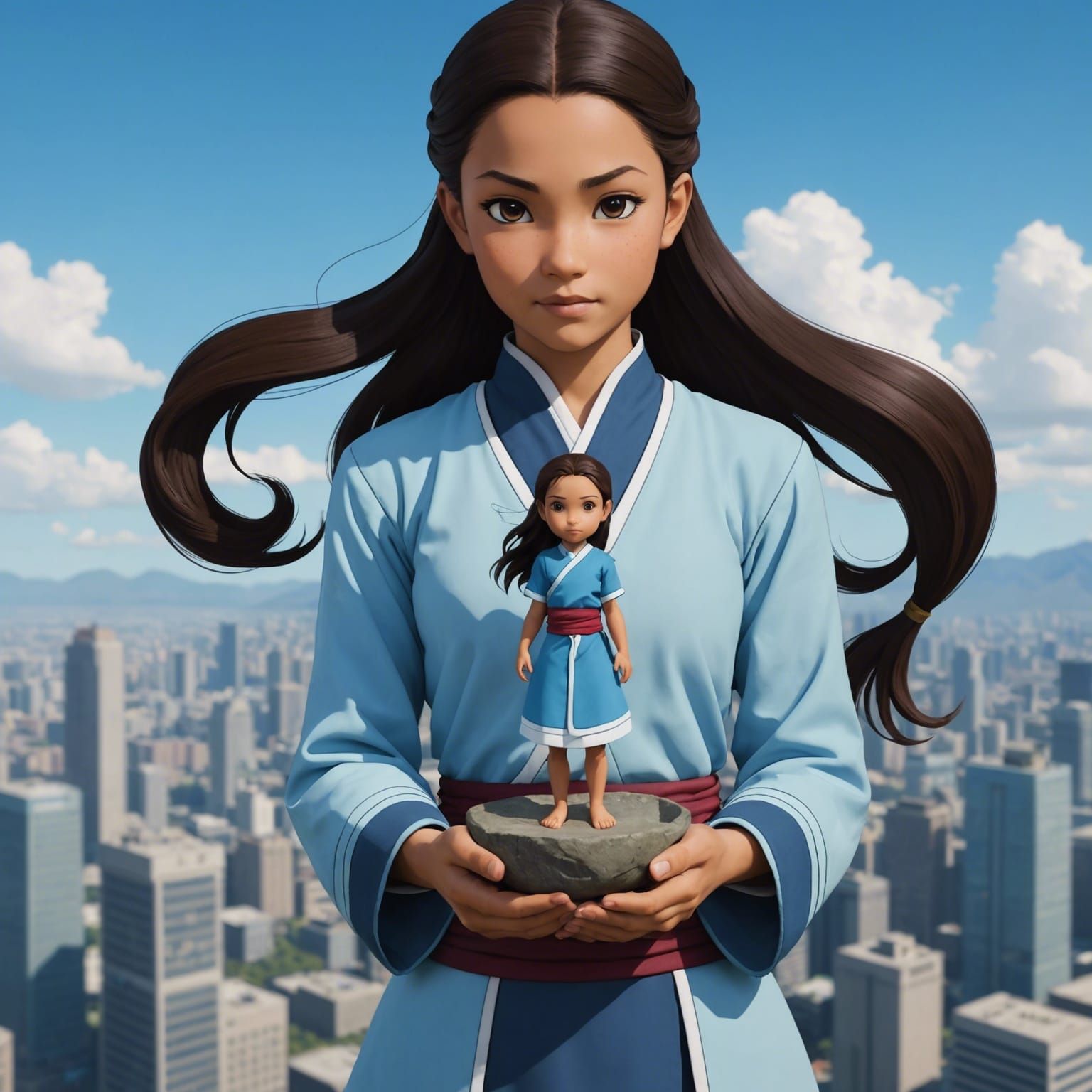 Giantess Ty Lee holding a small Katara