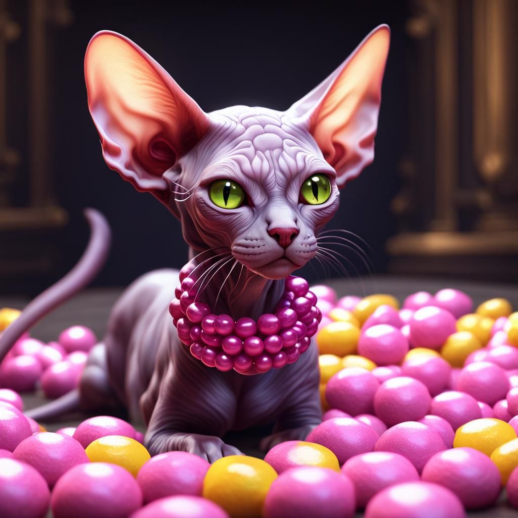 Fantasy Sphinx Cat Plays with Pink Candies