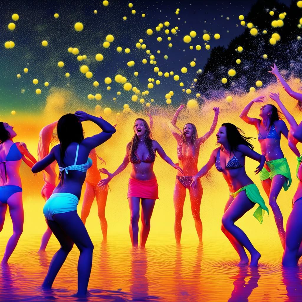 Colourful Water Fight in Snowy Desert, Digital Art