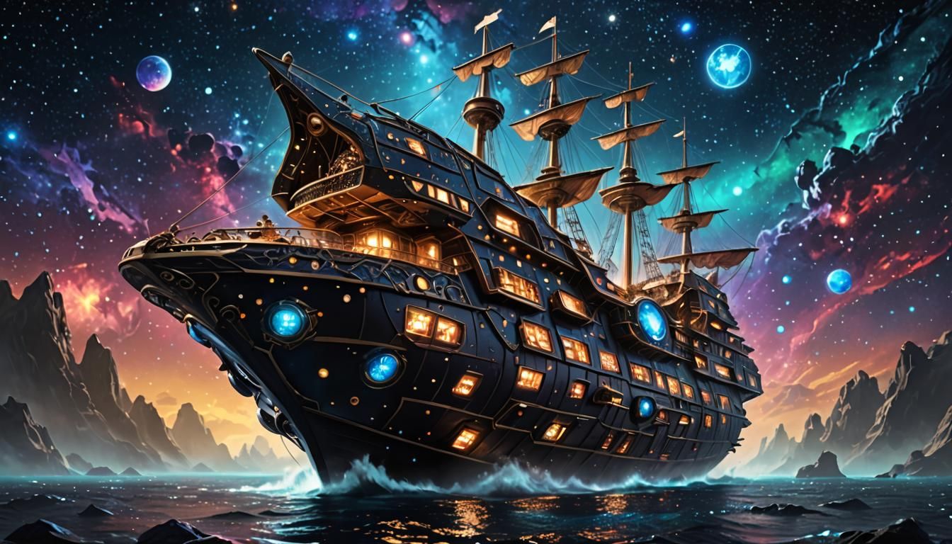 Futuristic Interstellar Pirate Ship in Cosmic Void