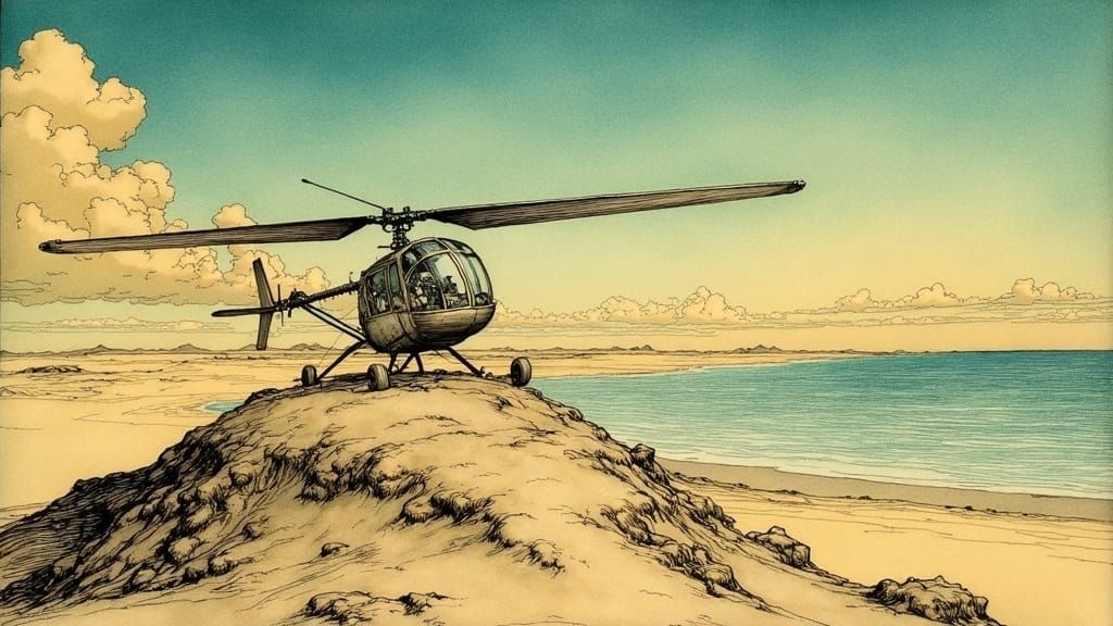 Desert Autogyro: Dreamlike Pen and Ink Illustration