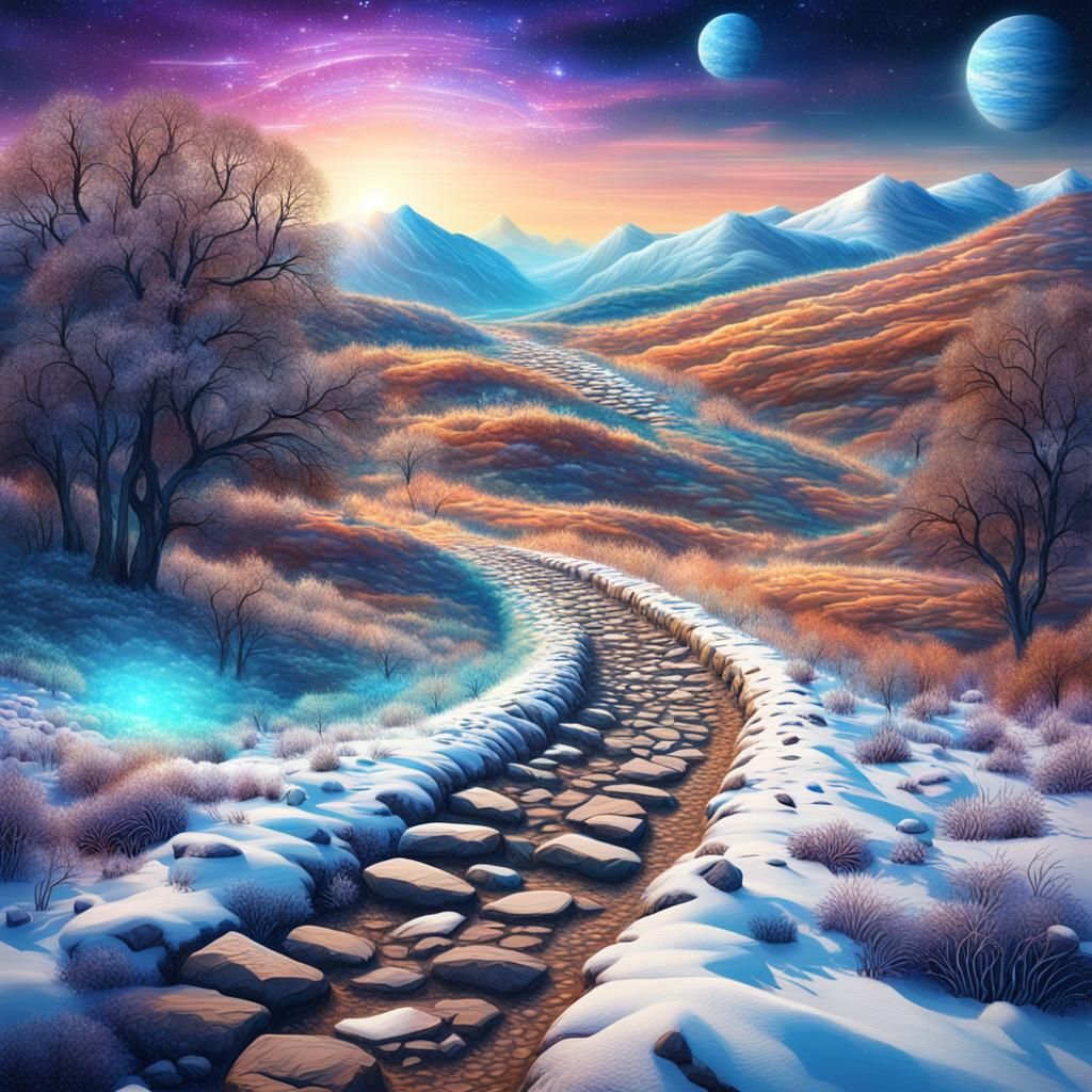 Cosmic Stone Wall Along Snowy Road, Astral Illustration
