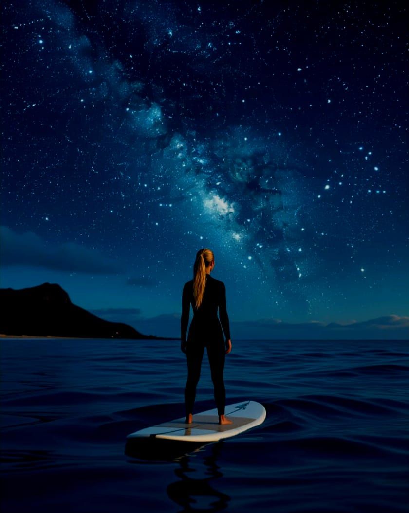 Woman Surfing Under Milky Way Night Sky