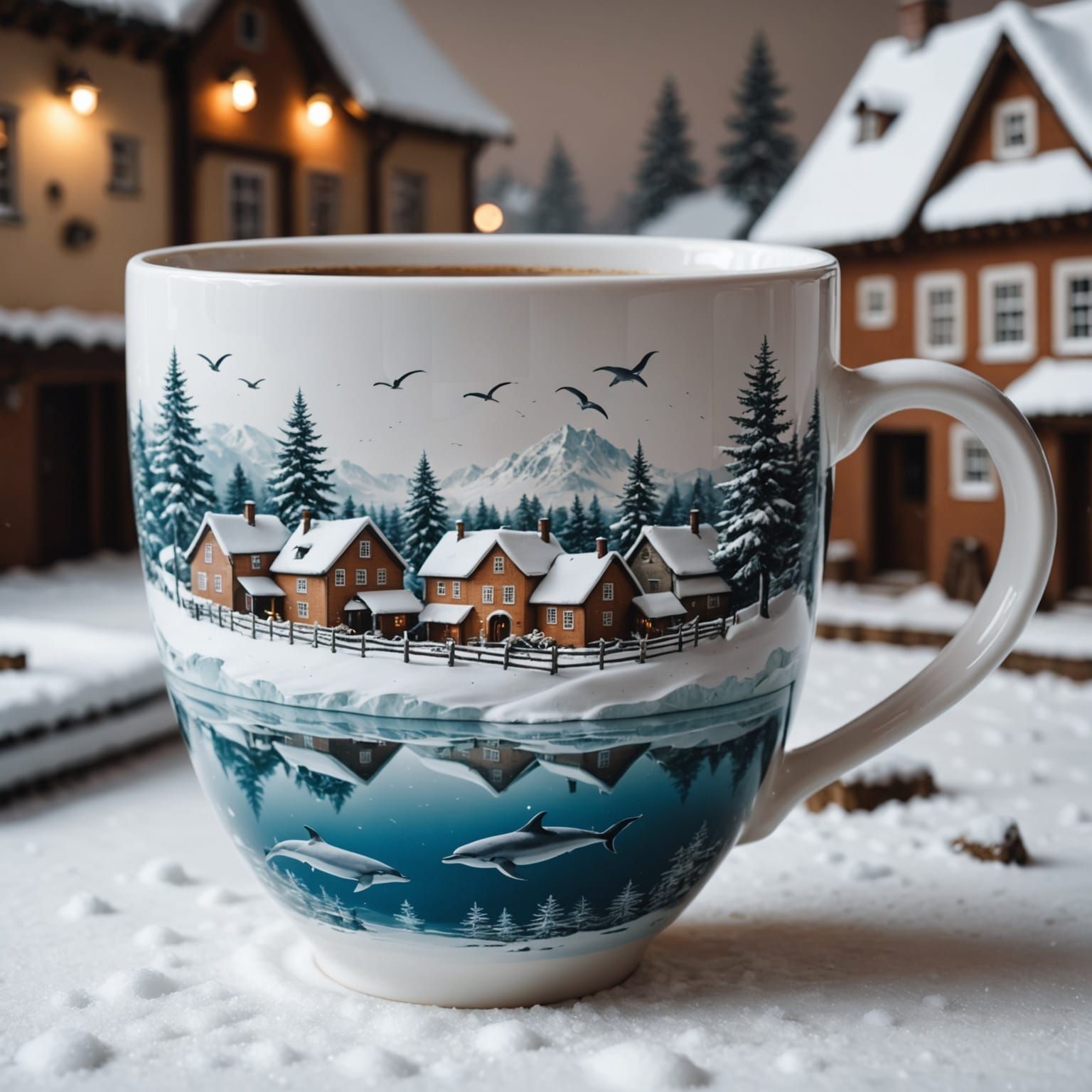 Snowy Village and Dolphins in Coffee Cup