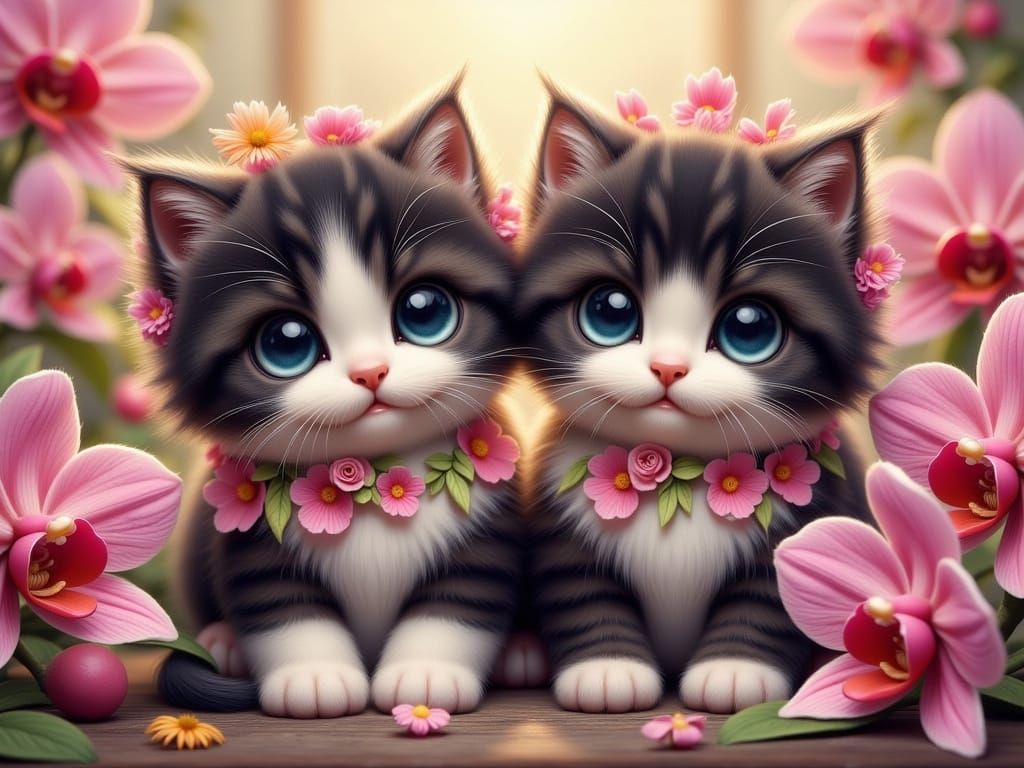 Whimsical Kittens Amidst Exotic Orchids
